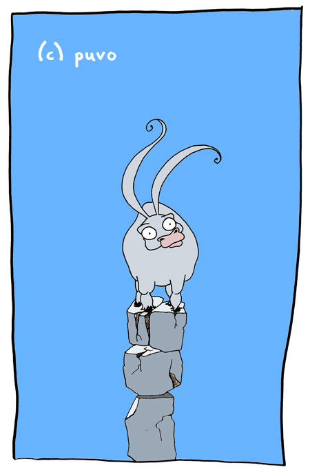 Was mache ich hier? Ein Esel findet sich auf einem Felsen wieder... Illustration von puvo.