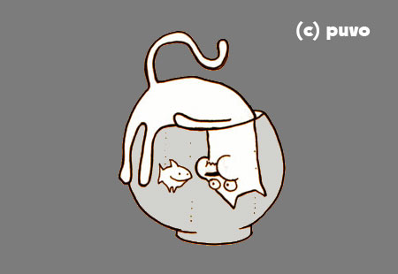 Katze und Goldfisch begegnen sich im Wasser, Illustration von puvo productions