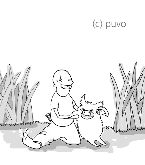 John Locke mit Wildschwein und Orangengrinsen, mein persönlicher erster Creepy-Moment bei LOST, Illustration von puvo