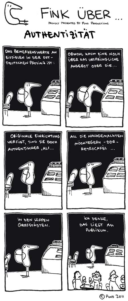 Fink philosophiert in einer Eisdiele in der ostdeutschen Provinz über Authentizität. Comic von puvo productions.