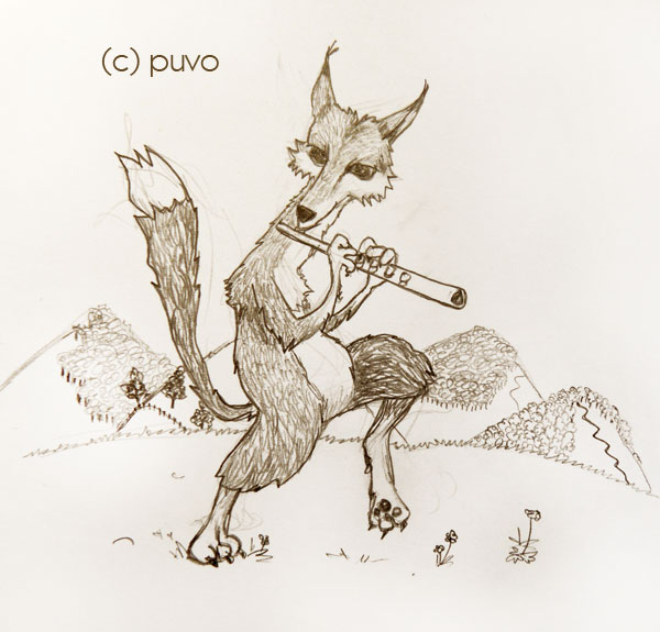 Fuchs mit Flöte. Illustration von puvo productions.