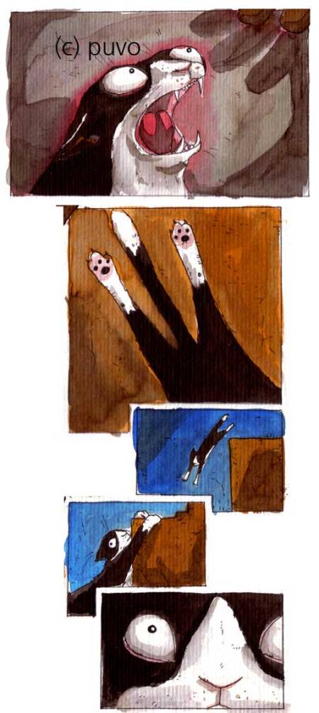 Katze auf der Flucht. Tuschestudie von puvo productions.