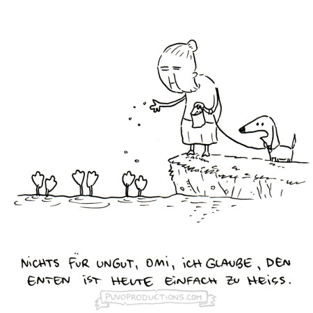 Den Enten im Park ist es eindeutig zu heiß - da wird Omi heute nicht füttern können. Cartoon von Josephine Mark / puvo productions.
