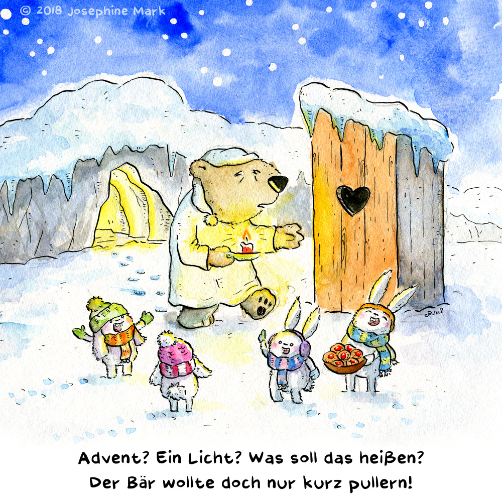 Aquarellillustration: Ein müder Bär mit Kerze im Winter vor seiner Höhle, auf dem Weg zur Außentoilette. Um ihn herum 4 Häschen, die sich freuen und Plätzchen dabei haben. Text: "Advent, ein Licht? Was soll das heißen? Der Bär wollte doch nur kurz pullern!" / Adventskalender 2018 von puvo productions. Türchen #1